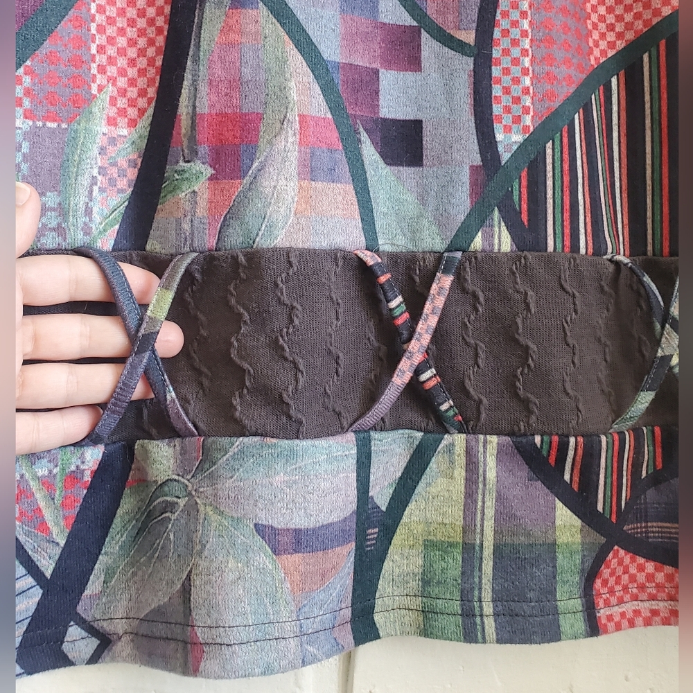 Smash! Abstract Patchwork Midi Cowl Neck Sweater Dress Short Sleeves Boho Hippie - Picture 6 of 16